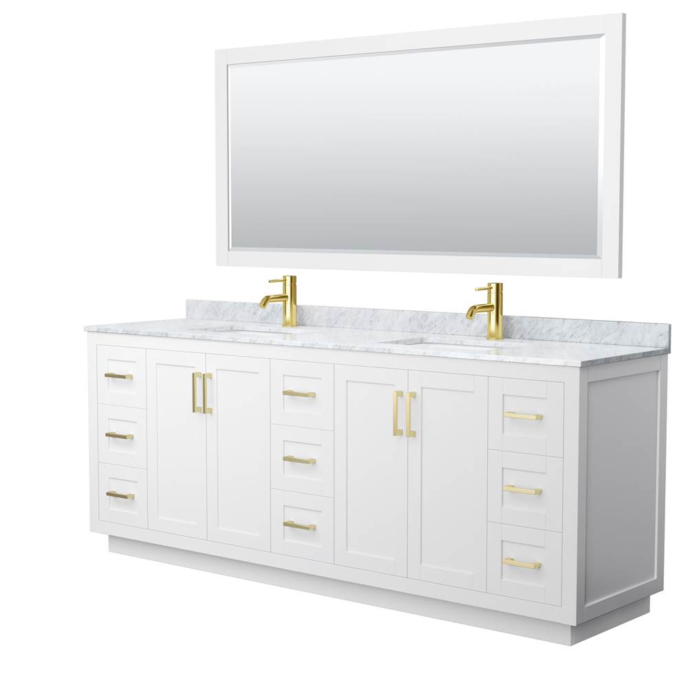 Wyndham Collection Miranda 84 Inch Double Bathroom Vanity in White, White Carrara Marble Countertop, Undermount Square Sinks, Brushed Gold Trim, 70 Inch Mirror