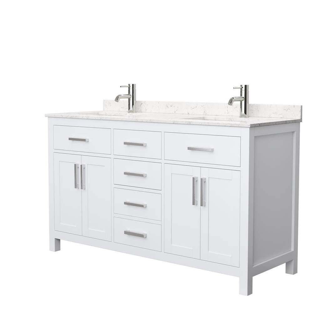 Wyndham Collection Beckett 60 Inch Double Bathroom Vanity in White, Carrara Cultured Marble Countertop, Undermount Square Sinks, No Mirror