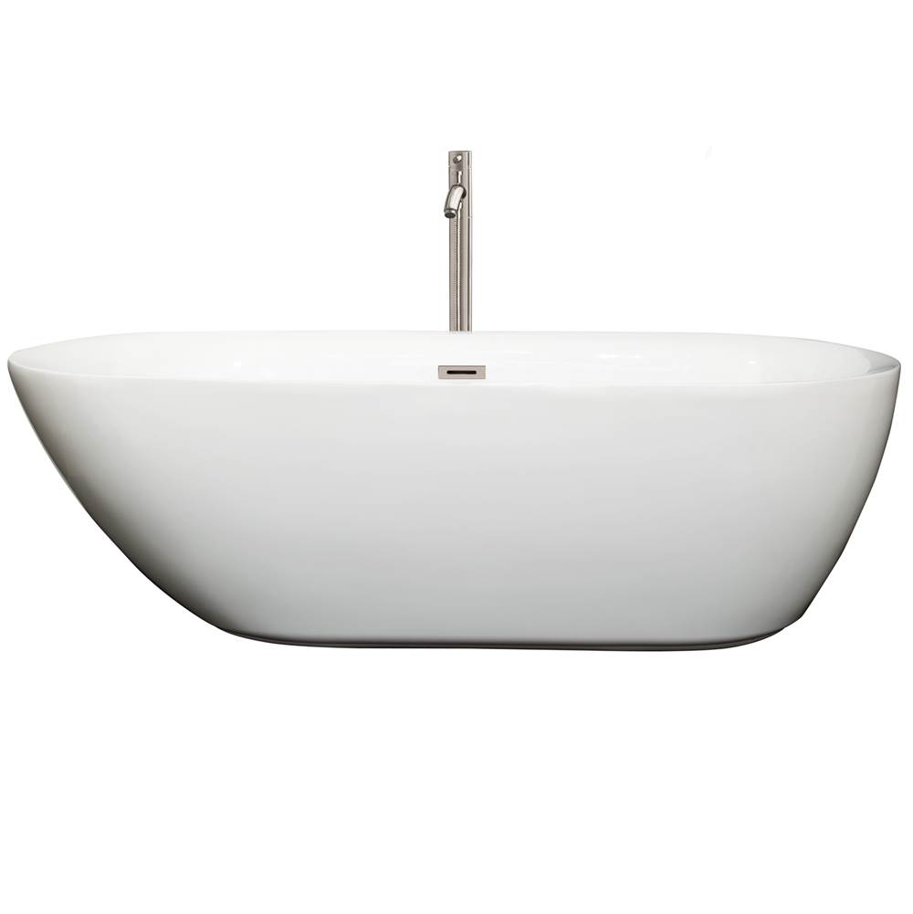 Wyndham Collection Melissa 71 Inch Freestanding Bathtub in White with Floor Mounted Faucet, Drain and Overflow Trim in Brushed Nickel