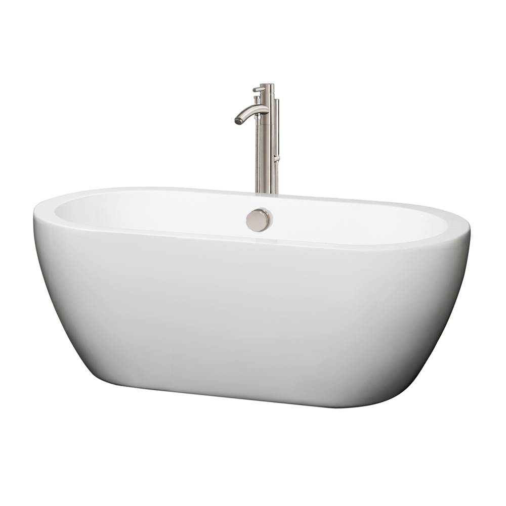 Wyndham Collection Soho 60 Inch Freestanding Bathtub in White with Floor Mounted Faucet, Drain and Overflow Trim in Brushed Nickel