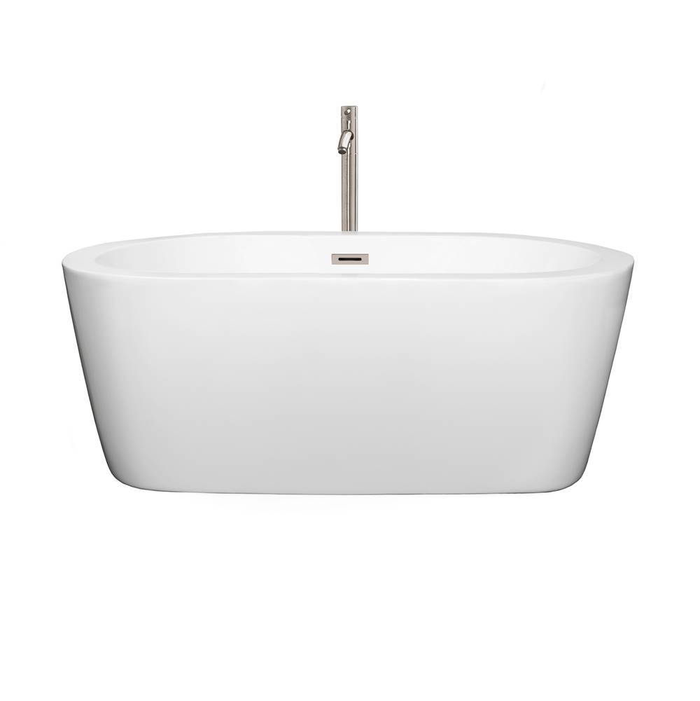 Wyndham Collection Mermaid 60 Inch Freestanding Bathtub in White with Floor Mounted Faucet, Drain and Overflow Trim in Brushed Nickel