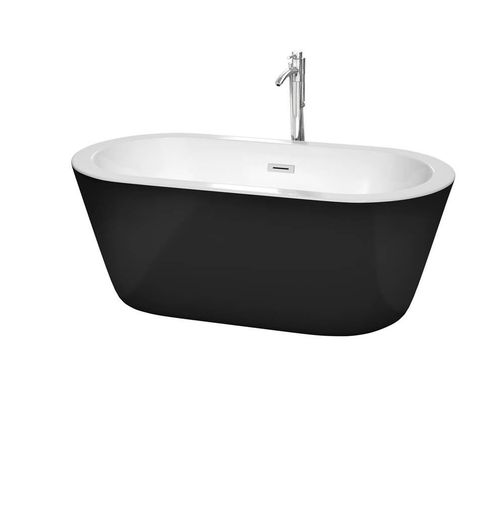 Wyndham Collection Mermaid 60 Inch Freestanding Bathtub in Black with White Interior with Floor Mounted Faucet, Drain and Overflow Trim in Polished Chrome