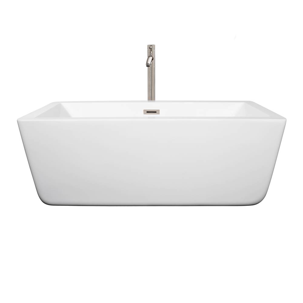 Wyndham Collection Laura 59 Inch Freestanding Bathtub in White with Floor Mounted Faucet, Drain and Overflow Trim in Brushed Nickel