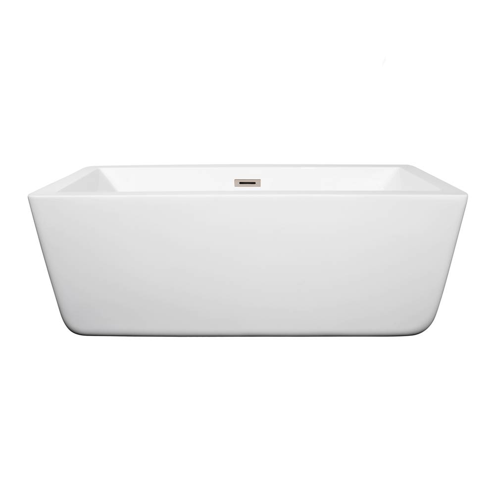 Wyndham Collection Laura 59 Inch Freestanding Bathtub in White with Brushed Nickel Drain and Overflow Trim