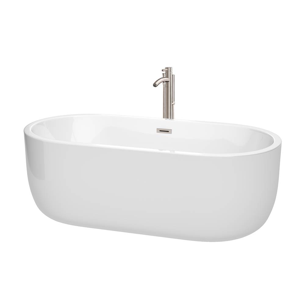 Wyndham Collection Juliette 67 Inch Freestanding Bathtub in White with Floor Mounted Faucet, Drain and Overflow Trim in Brushed Nickel