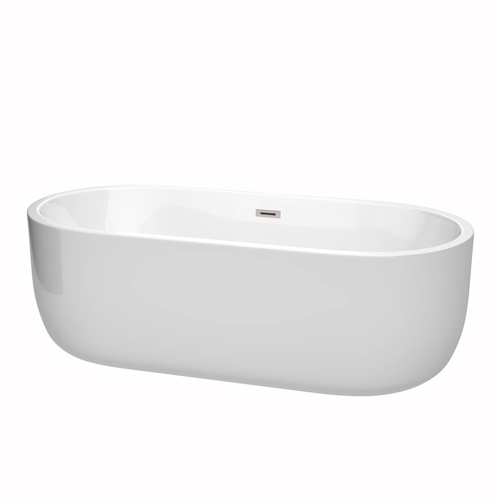 Wyndham Collection Juliette 71 Inch Freestanding Bathtub in White with Brushed Nickel Drain and Overflow Trim