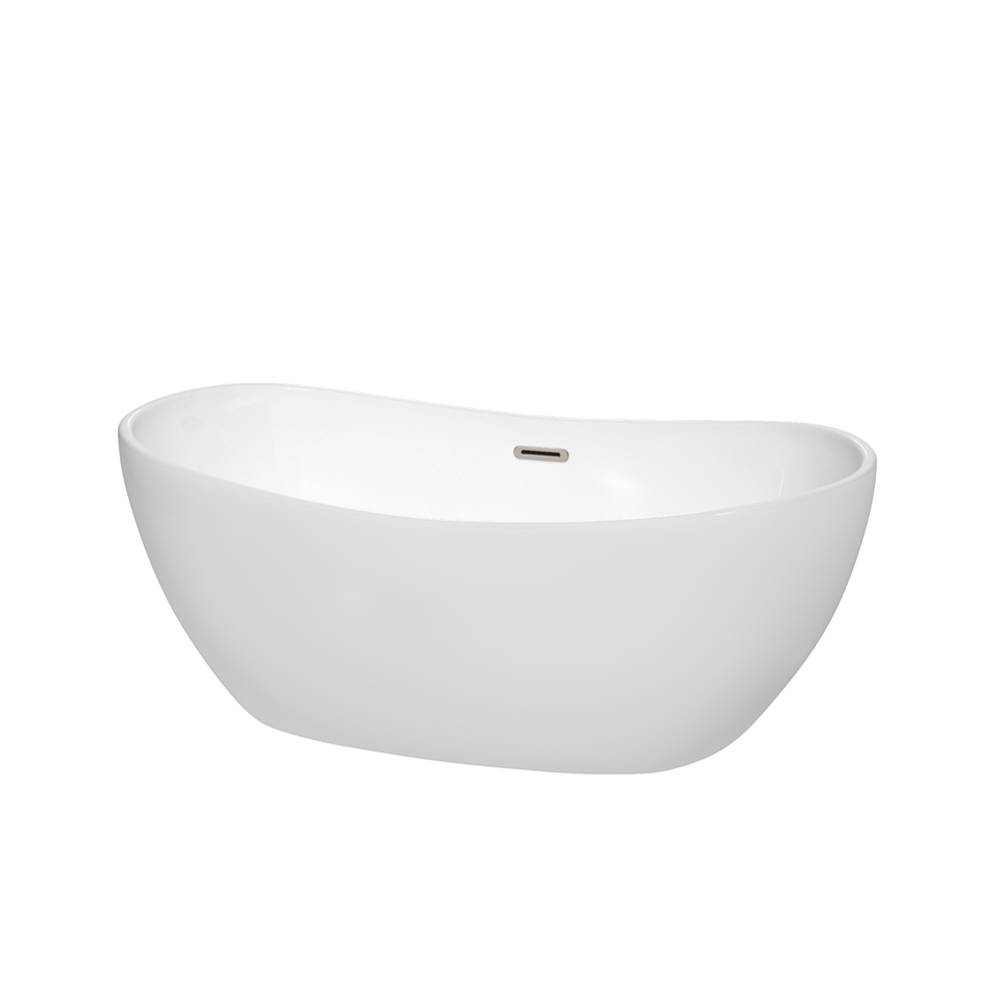 Wyndham Collection Rebecca 60 Inch Freestanding Bathtub in White with Brushed Nickel Drain and Overflow Trim