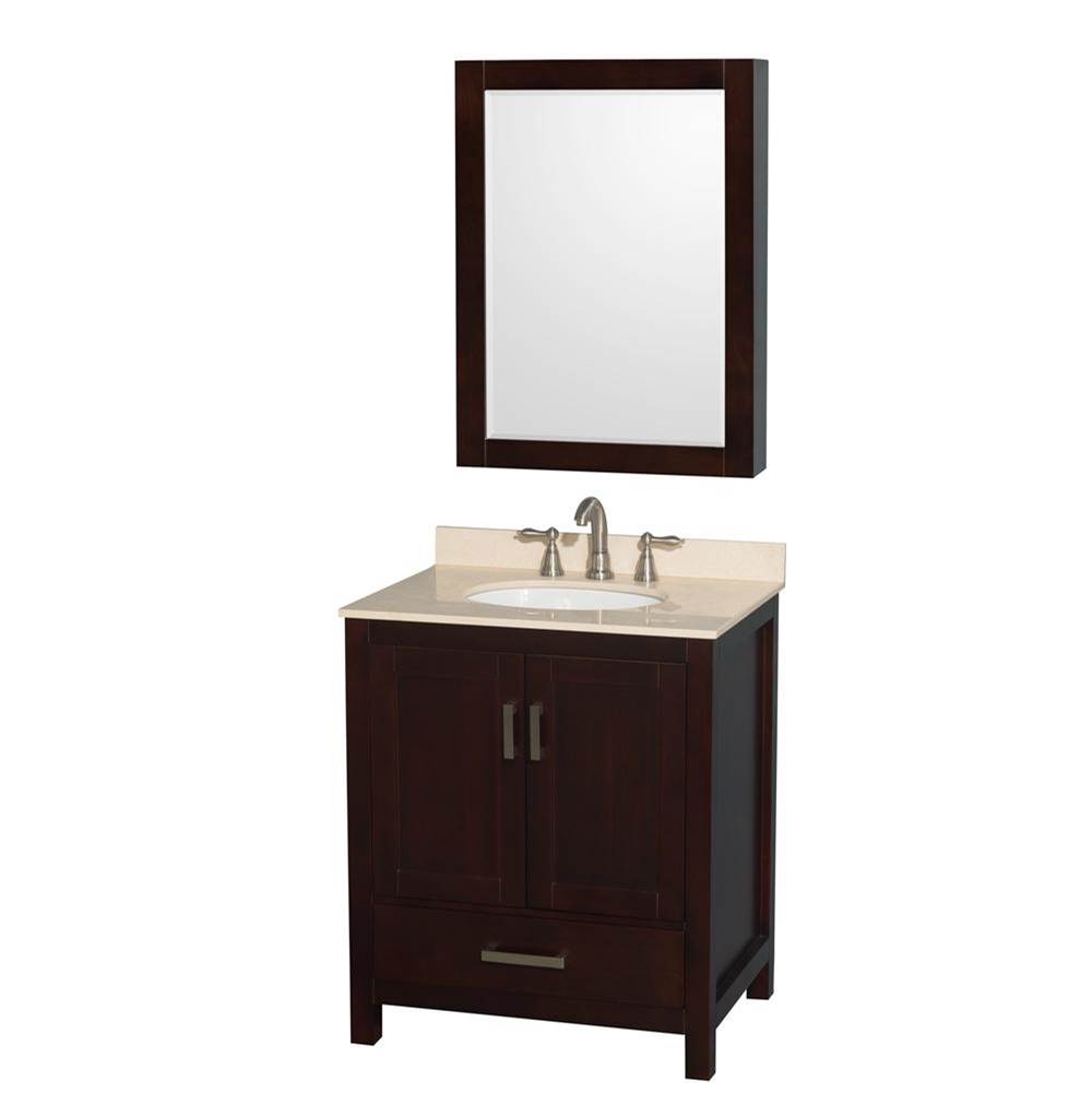 Wyndham Collection Sheffield 30 Inch Single Bathroom Vanity in Espresso, Ivory Marble Countertop, Undermount Oval Sink, and Medicine Cabinet