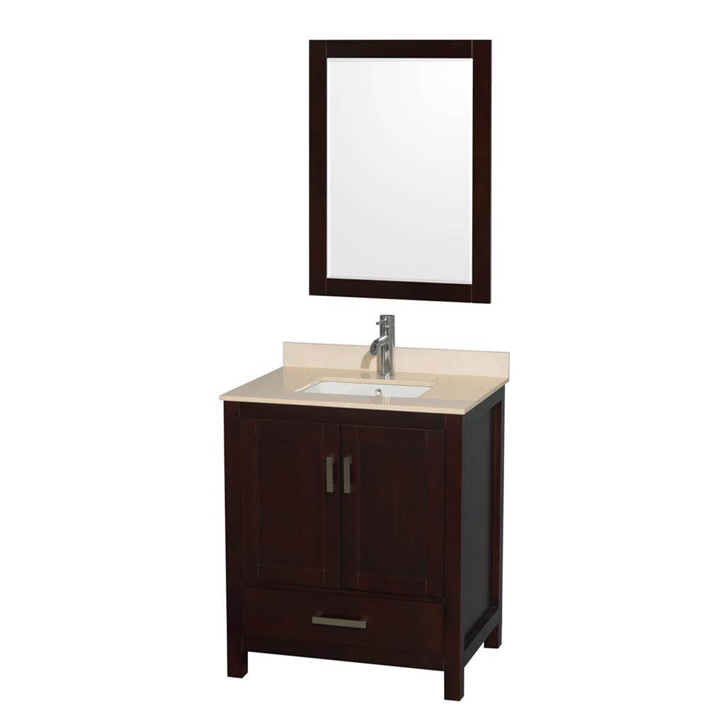 Wyndham Collection Sheffield 30 Inch Single Bathroom Vanity in Espresso, Ivory Marble Countertop, Undermount Square Sink, and 24 Inch Mirror