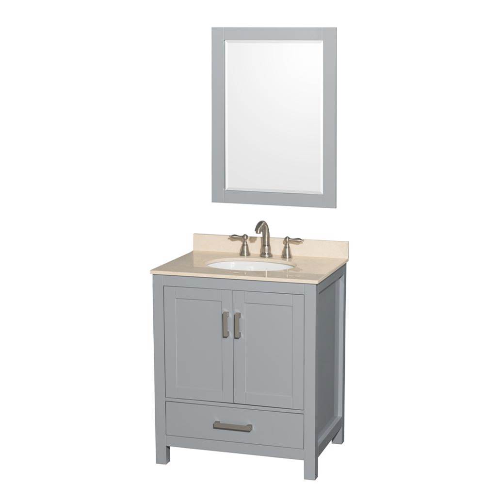 Wyndham Collection Sheffield 30 Inch Single Bathroom Vanity in Gray, Ivory Marble Countertop, Undermount Oval Sink, and 24 Inch Mirror