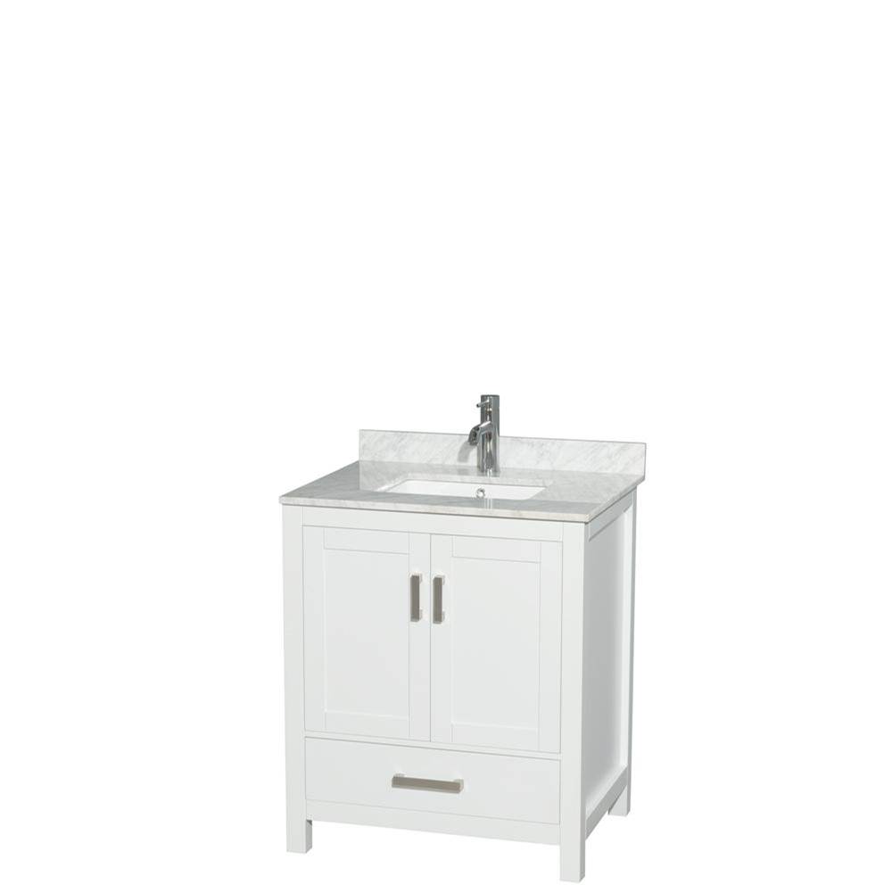 Wyndham Collection Sheffield 30 Inch Single Bathroom Vanity in White, White Carrara Marble Countertop, Undermount Square Sink, and No Mirror