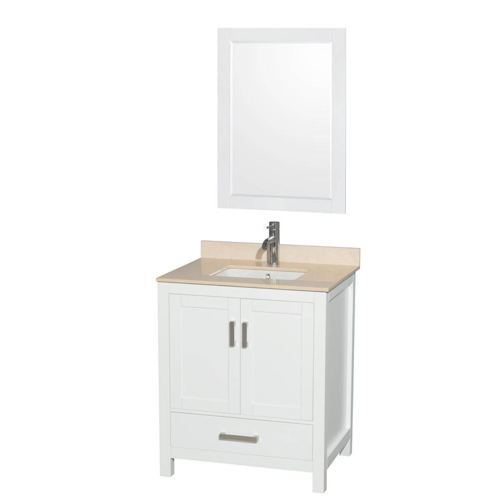 Wyndham Collection Sheffield 30 Inch Single Bathroom Vanity in White, Ivory Marble Countertop, Undermount Square Sink, and 24 Inch Mirror