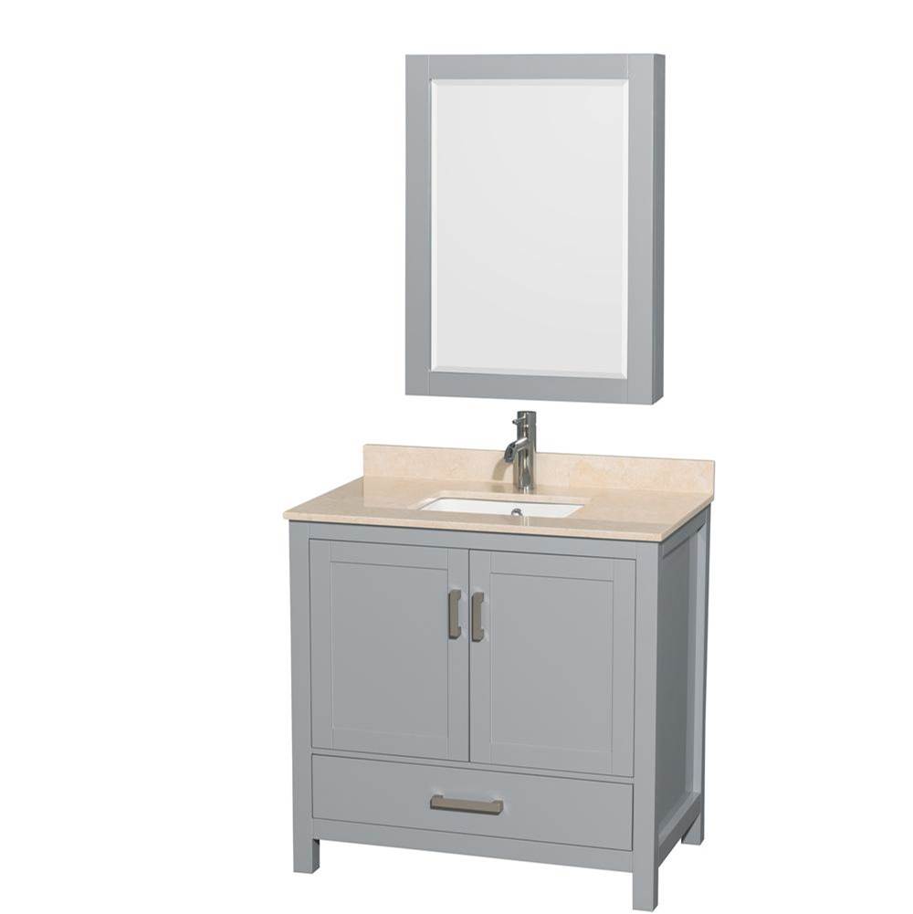 Wyndham Collection Sheffield 36 Inch Single Bathroom Vanity in Gray, Ivory Marble Countertop, Undermount Square Sink, and Medicine Cabinet