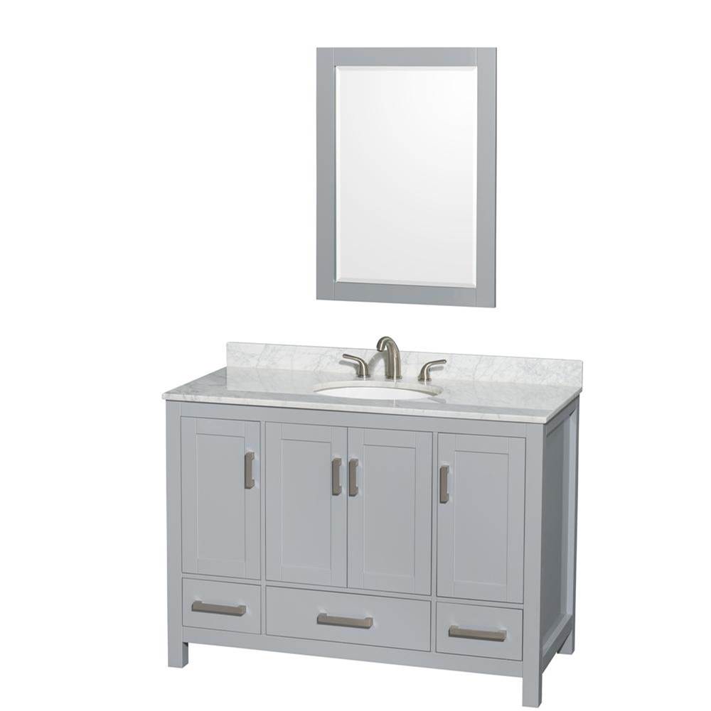 Wyndham Collection Sheffield 48 Inch Single Bathroom Vanity in Gray, White Carrara Marble Countertop, Undermount Oval Sink, and 24 Inch Mirror