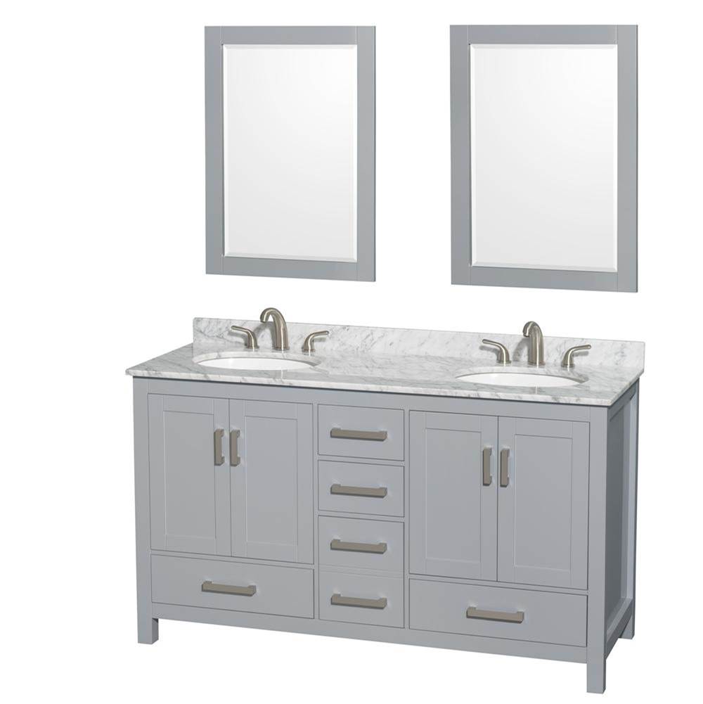 Wyndham Collection Sheffield 60 Inch Double Bathroom Vanity in Gray, White Carrara Marble Countertop, Undermount Oval Sinks, and 24 Inch Mirrors