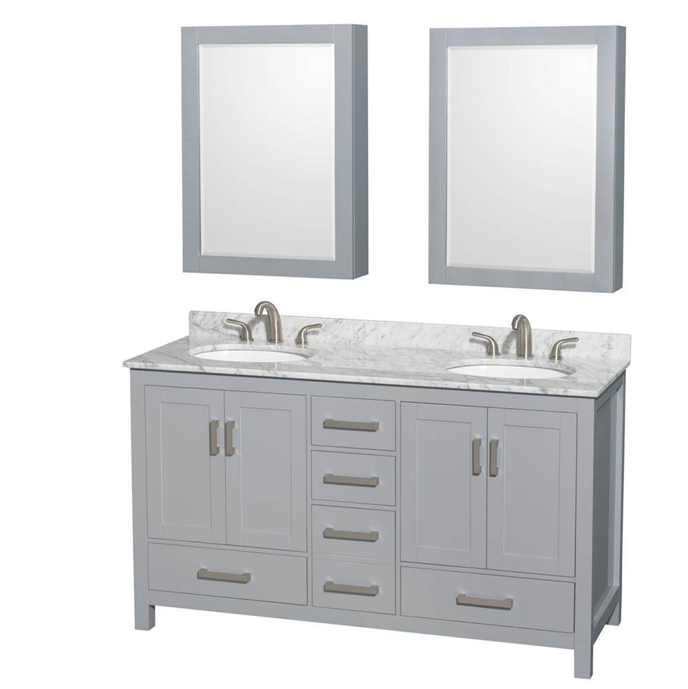 Wyndham Collection Sheffield 60 Inch Double Bathroom Vanity in Gray, White Carrara Marble Countertop, Undermount Oval Sinks, and Medicine Cabinets
