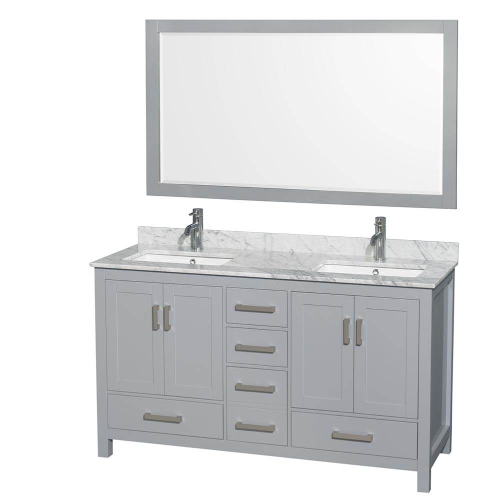 Wyndham Collection Sheffield 60 Inch Double Bathroom Vanity in Gray, White Carrara Marble Countertop, Undermount Square Sinks, and 58 Inch Mirror