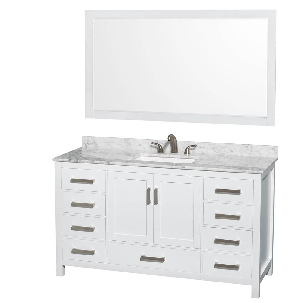 Wyndham Collection Sheffield 60 Inch Single Bathroom Vanity in White, White Carrara Marble Countertop, Undermount 3-Hole Square Sink, 58 Inch Mirror