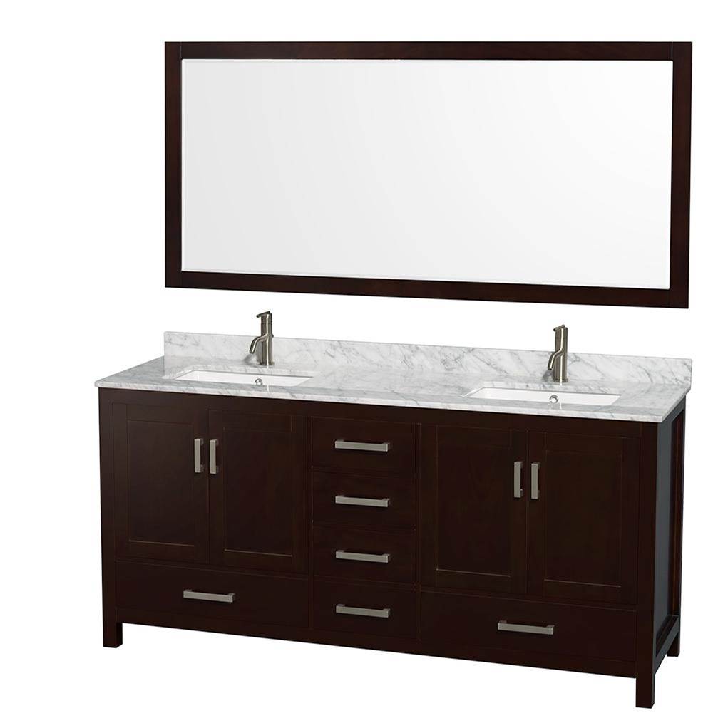 Wyndham Collection Sheffield 72 Inch Double Bathroom Vanity in Espresso, White Carrara Marble Countertop, Undermount Square Sinks, and 70 Inch Mirror