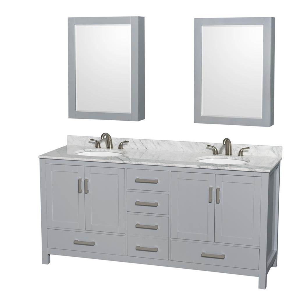 Wyndham Collection Sheffield 72 Inch Double Bathroom Vanity in Gray, White Carrara Marble Countertop, Undermount Oval Sinks, and Medicine Cabinets