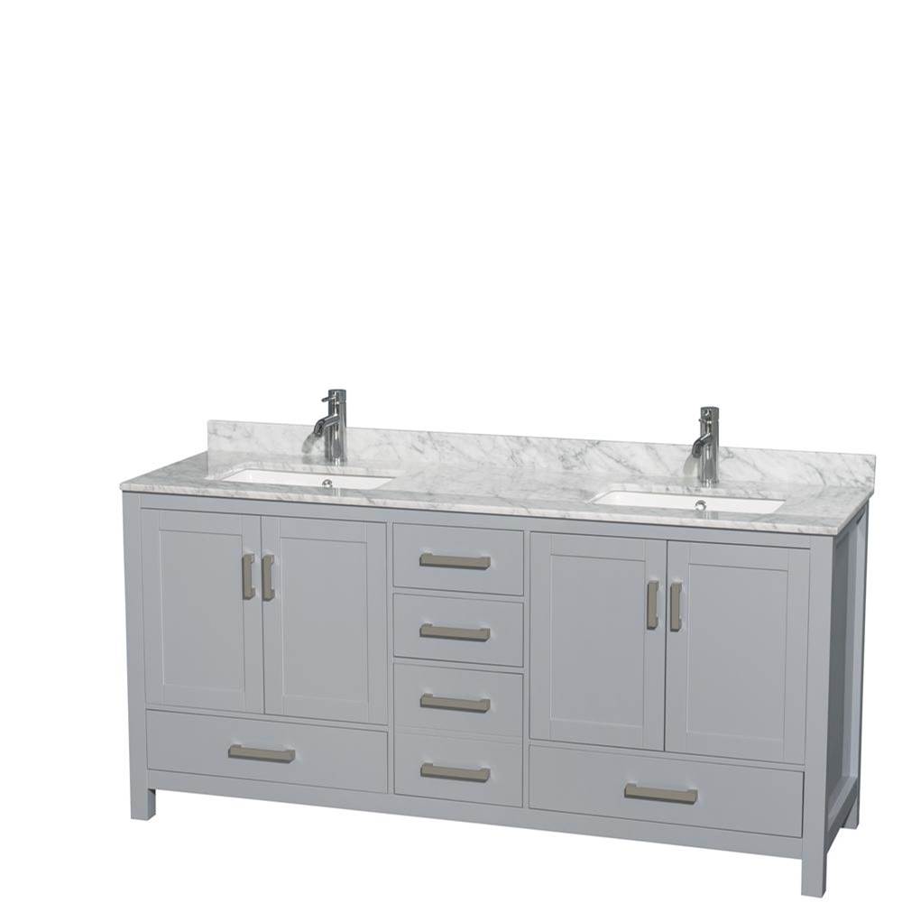 Wyndham Collection Sheffield 72 Inch Double Bathroom Vanity in Gray, White Carrara Marble Countertop, Undermount Square Sinks, and No Mirror