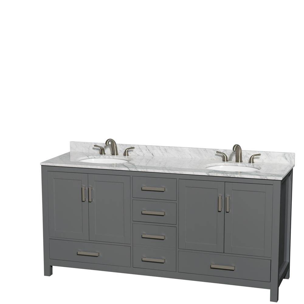 Wyndham Collection Sheffield 72 Inch Double Bathroom Vanity in Dark Gray, White Carrara Marble Countertop, Undermount Oval Sinks, and No Mirror