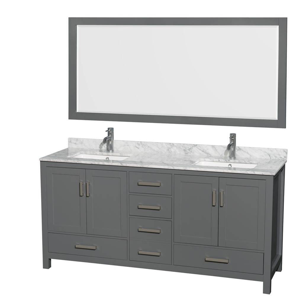 Wyndham Collection Sheffield 72 Inch Double Bathroom Vanity in Dark Gray, White Carrara Marble Countertop, Undermount Square Sinks, and 70 Inch Mirror