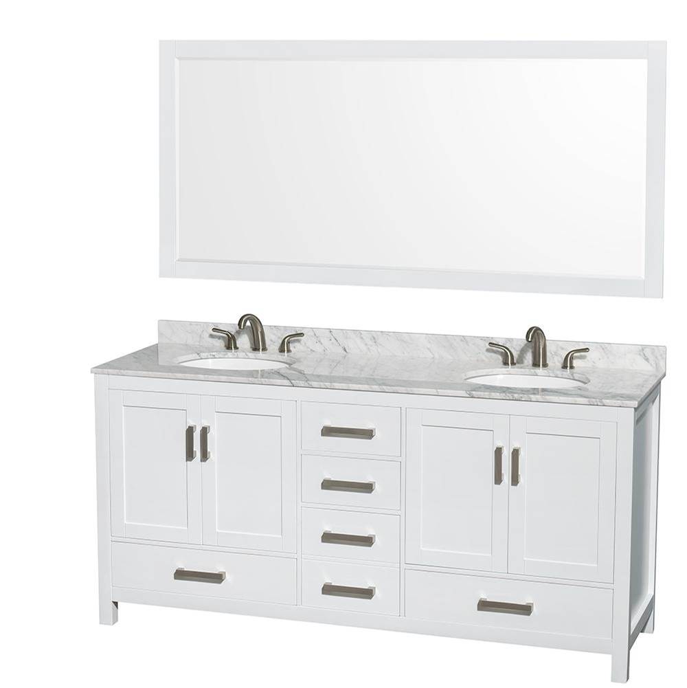 Wyndham Collection Sheffield 72 Inch Double Bathroom Vanity in White, White Carrara Marble Countertop, Undermount Oval Sinks, and 70 Inch Mirror