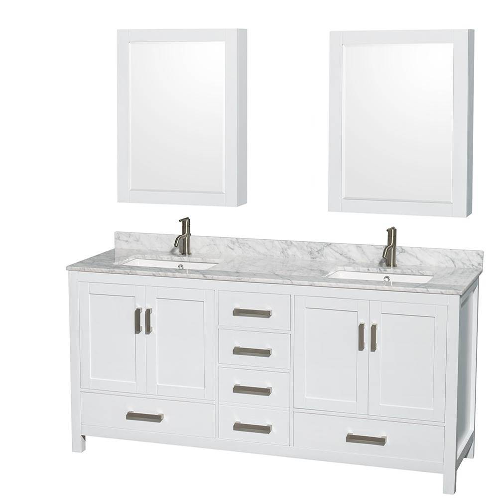 Wyndham Collection Sheffield 72 Inch Double Bathroom Vanity in White, White Carrara Marble Countertop, Undermount Square Sinks, and Medicine Cabinets