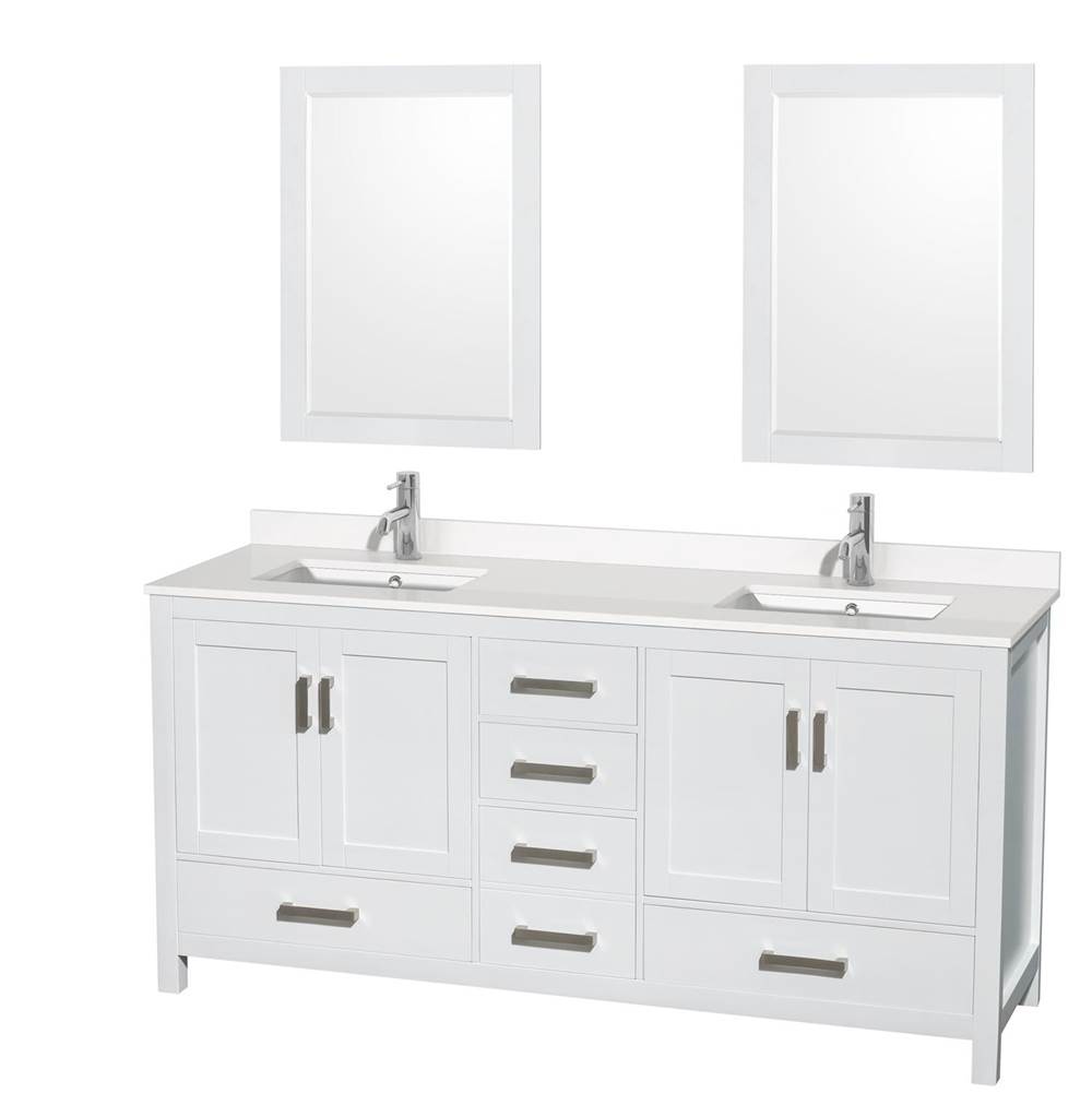 Wyndham Collection Sheffield 72 Inch Double Bathroom Vanity in White, White Quartz Countertop, Undermount Square Sinks, 24 Inch Mirrors