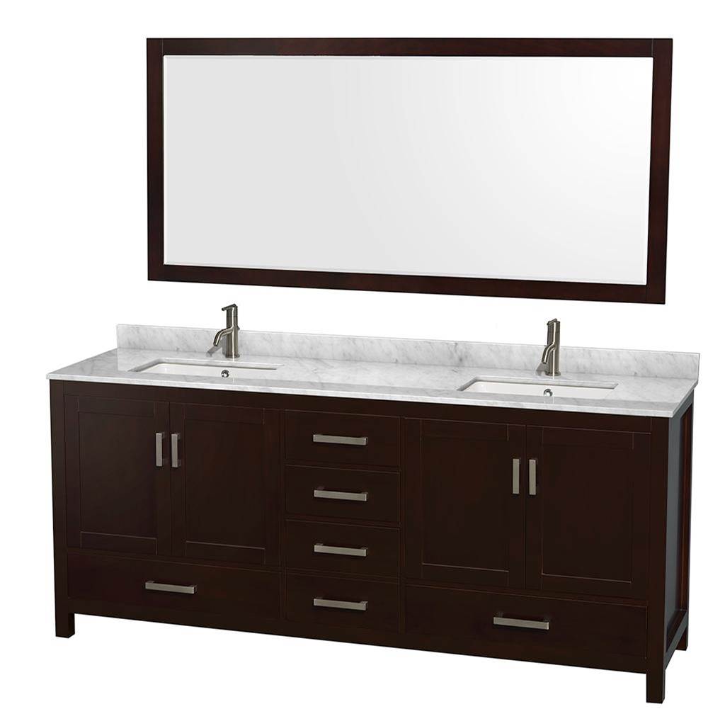 Wyndham Collection Sheffield 80 Inch Double Bathroom Vanity in Espresso, White Carrara Marble Countertop, Undermount Square Sinks, and 70 Inch Mirror