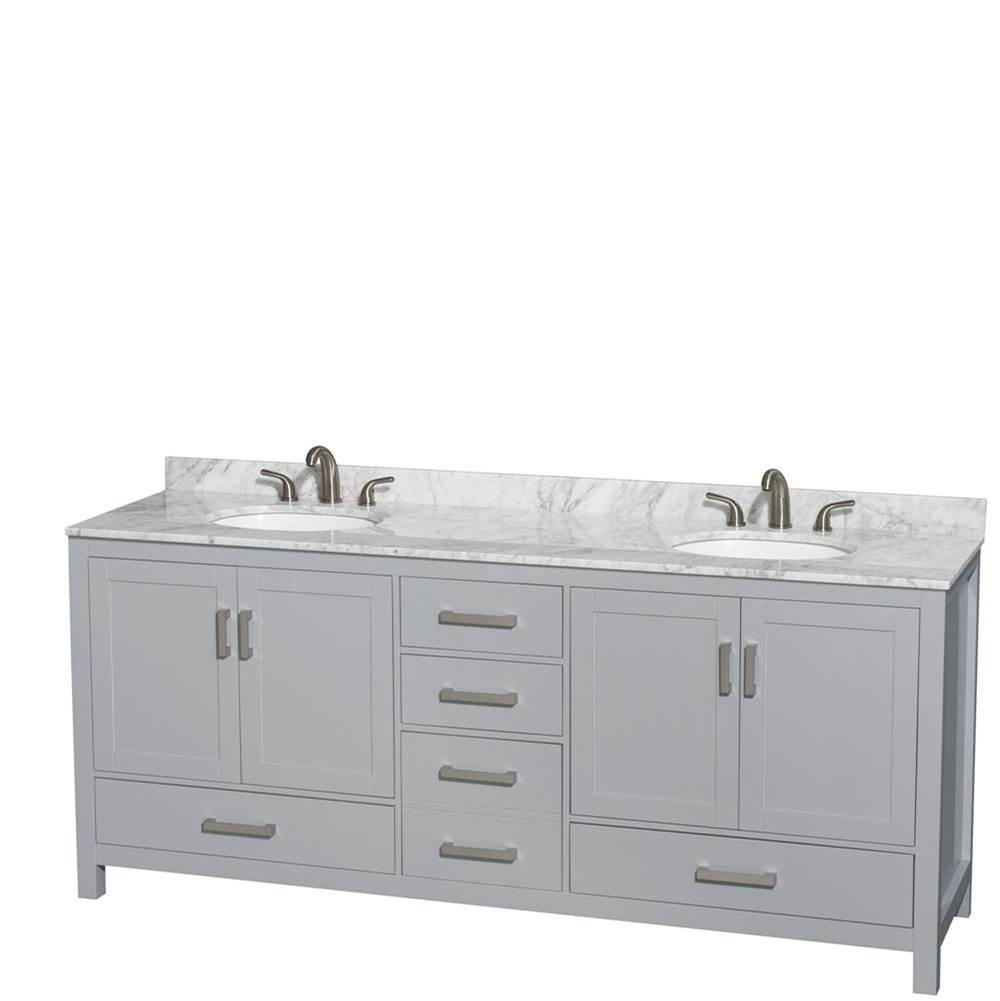 Wyndham Collection Sheffield 80 Inch Double Bathroom Vanity in Gray, White Carrara Marble Countertop, Undermount Oval Sinks, and No Mirror