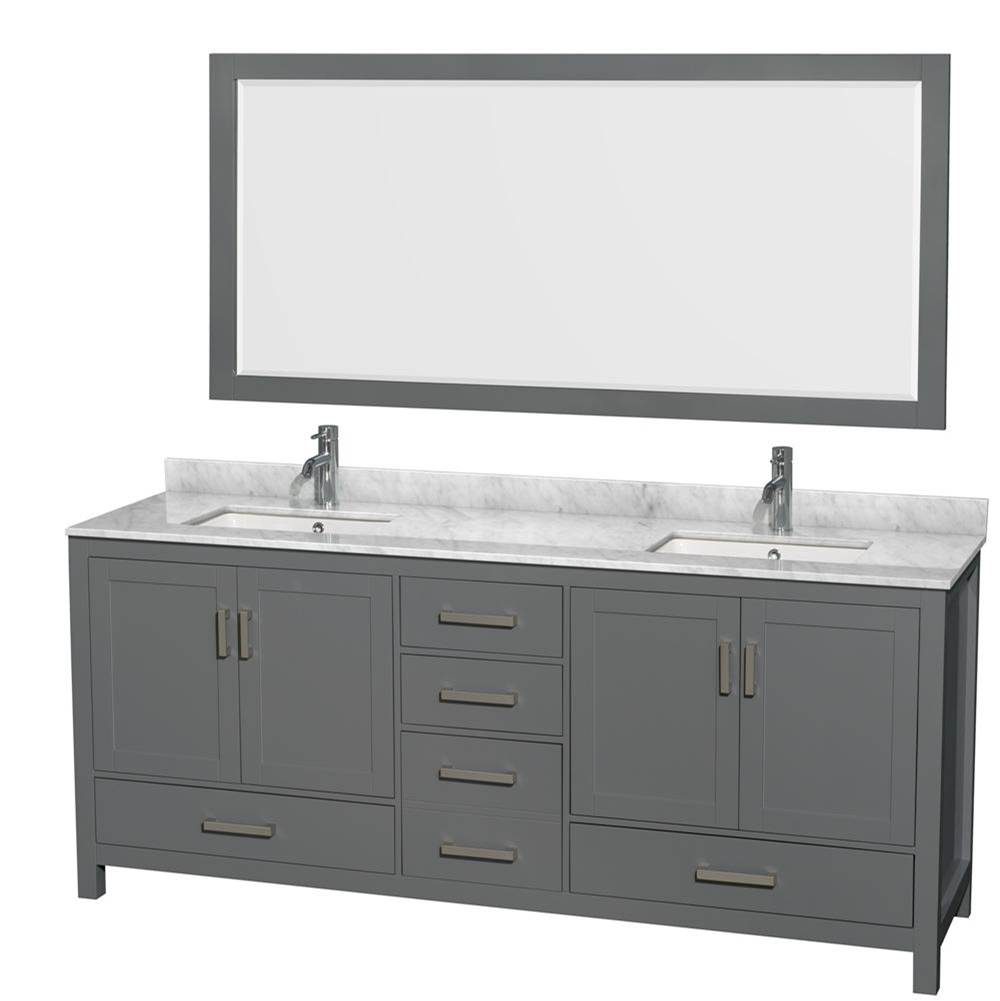 Wyndham Collection Sheffield 80 Inch Double Bathroom Vanity in Dark Gray, White Carrara Marble Countertop, Undermount Square Sinks, and 70 Inch Mirror