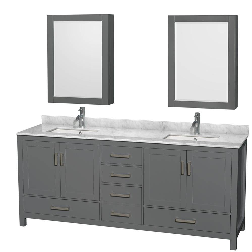 Wyndham Collection Sheffield 80 Inch Double Bathroom Vanity in Dark Gray, White Carrara Marble Countertop, Undermount Square Sinks, and Medicine Cabinets