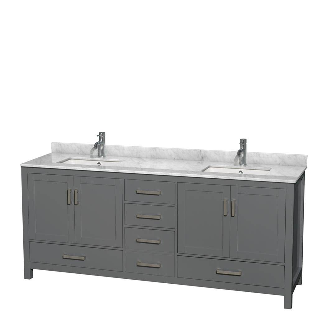 Wyndham Collection Sheffield 80 Inch Double Bathroom Vanity in Dark Gray, White Carrara Marble Countertop, Undermount Square Sinks, and No Mirror