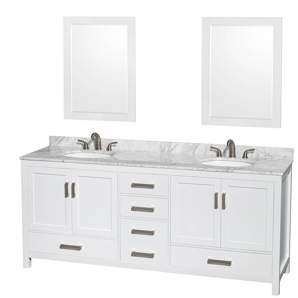 Wyndham Collection Sheffield 80 Inch Double Bathroom Vanity in White, White Carrara Marble Countertop, Undermount Oval Sinks, and 24 Inch Mirrors
