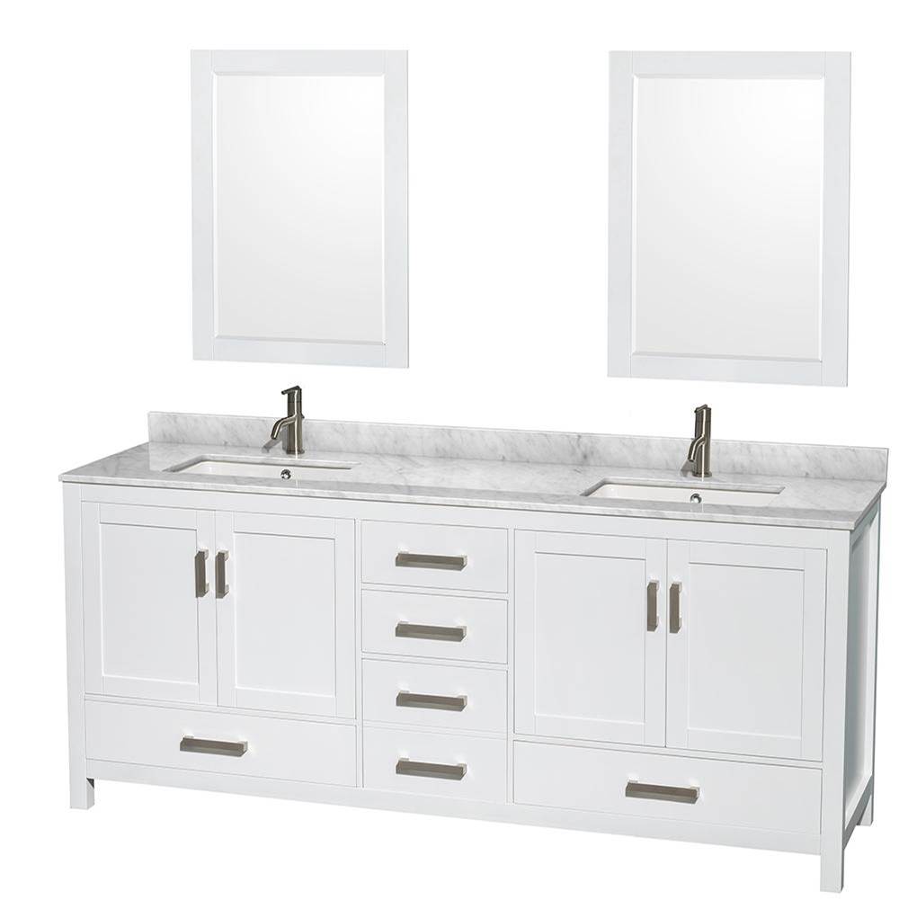 Wyndham Collection Sheffield 80 Inch Double Bathroom Vanity in White, White Carrara Marble Countertop, Undermount Square Sinks, and 24 Inch Mirrors
