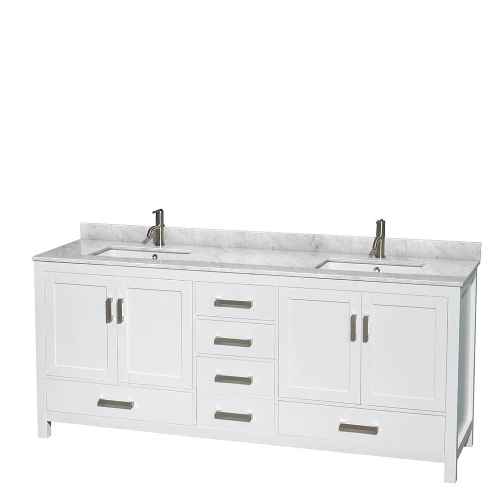 Wyndham Collection Sheffield 80 Inch Double Bathroom Vanity in White, White Carrara Marble Countertop, Undermount Square Sinks, and No Mirror