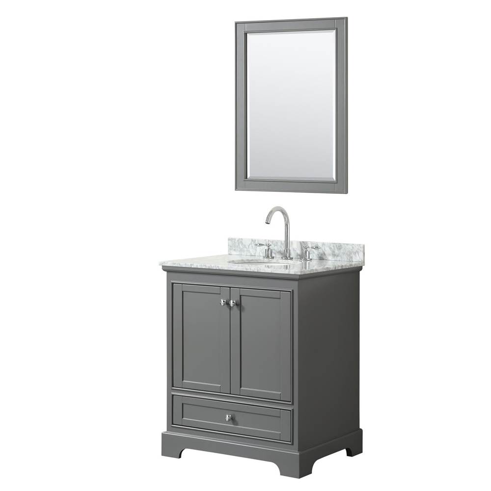 Wyndham Collection Deborah 30 Inch Single Bathroom Vanity in Dark Gray, White Carrara Marble Countertop, Undermount Oval Sink, and 24 Inch Mirror