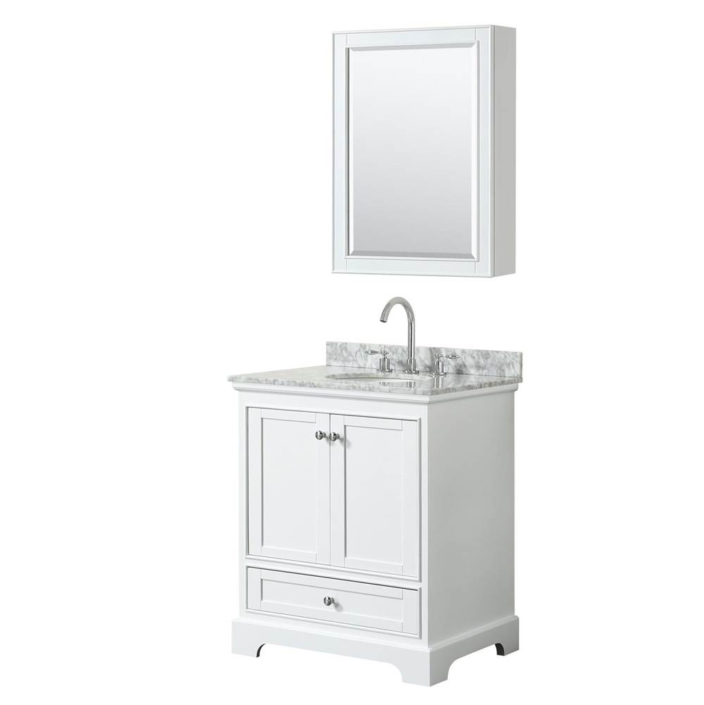 Wyndham Collection Deborah 30 Inch Single Bathroom Vanity in White, White Carrara Marble Countertop, Undermount Oval Sink, and Medicine Cabinet