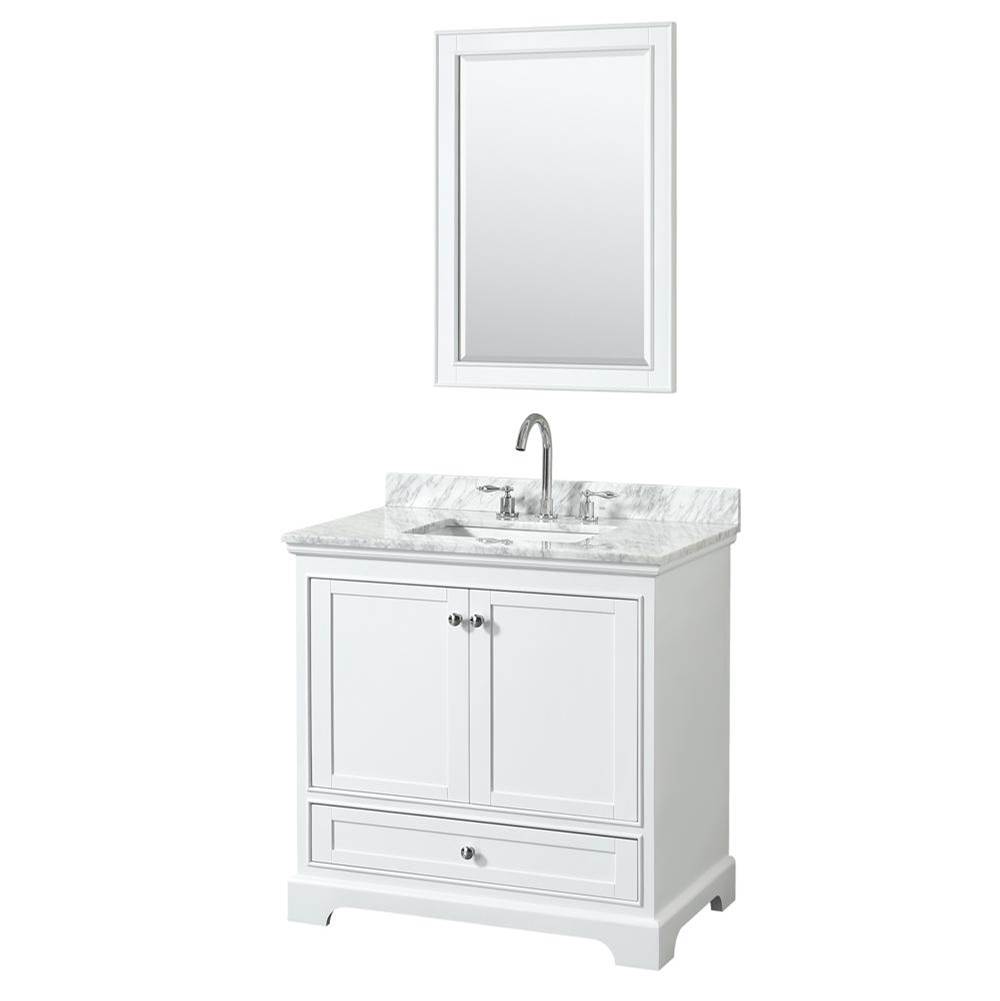 Wyndham Collection Deborah 36 Inch Single Bathroom Vanity in White, White Carrara Marble Countertop, Undermount Square Sink, and 24 Inch Mirror