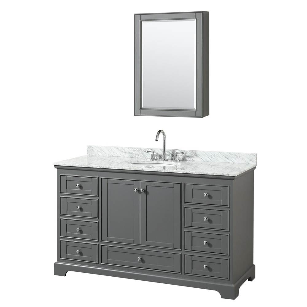 Wyndham Collection Deborah 60 Inch Single Bathroom Vanity in Dark Gray, White Carrara Marble Countertop, Undermount Oval Sink, and Medicine Cabinet
