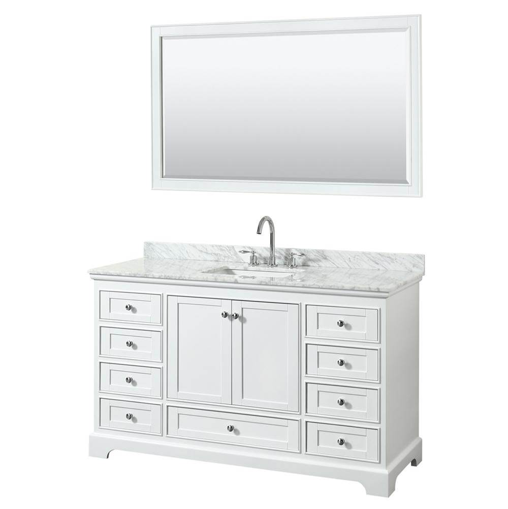 Wyndham Collection Deborah 60 Inch Single Bathroom Vanity in White, White Carrara Marble Countertop, Undermount Square Sink, and 58 Inch Mirror