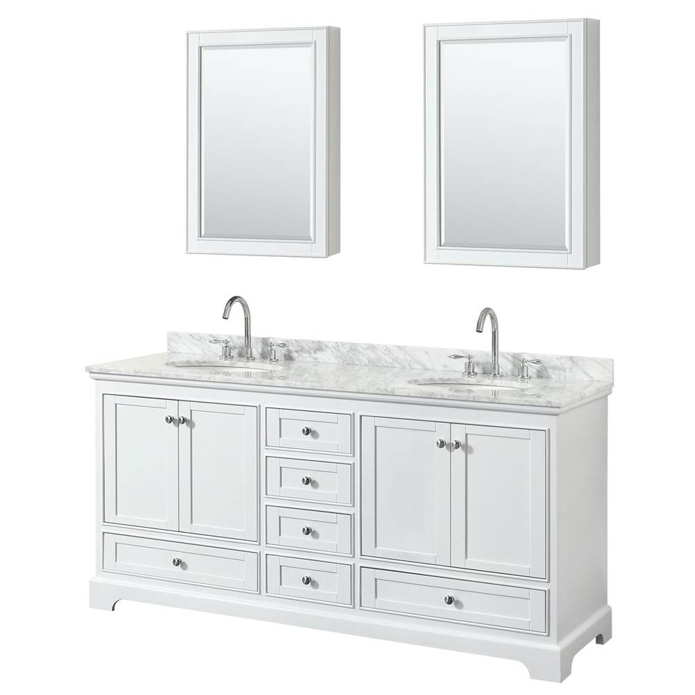 Wyndham Collection Deborah 72 Inch Double Bathroom Vanity in White, White Carrara Marble Countertop, Undermount Oval Sinks, and Medicine Cabinets
