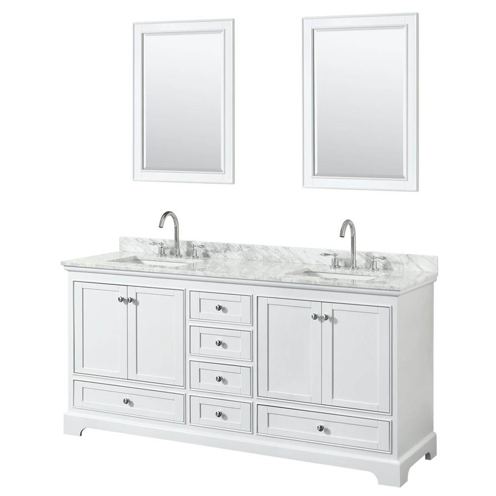 Wyndham Collection Deborah 72 Inch Double Bathroom Vanity in White, White Carrara Marble Countertop, Undermount Square Sinks, and 24 Inch Mirrors