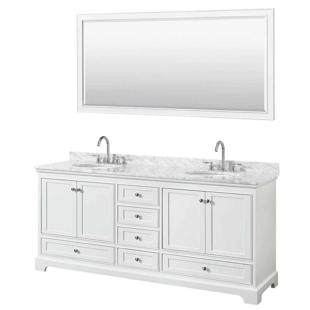 Wyndham Collection Deborah 80 Inch Double Bathroom Vanity in White, White Carrara Marble Countertop, Undermount Oval Sinks, and 70 Inch Mirror