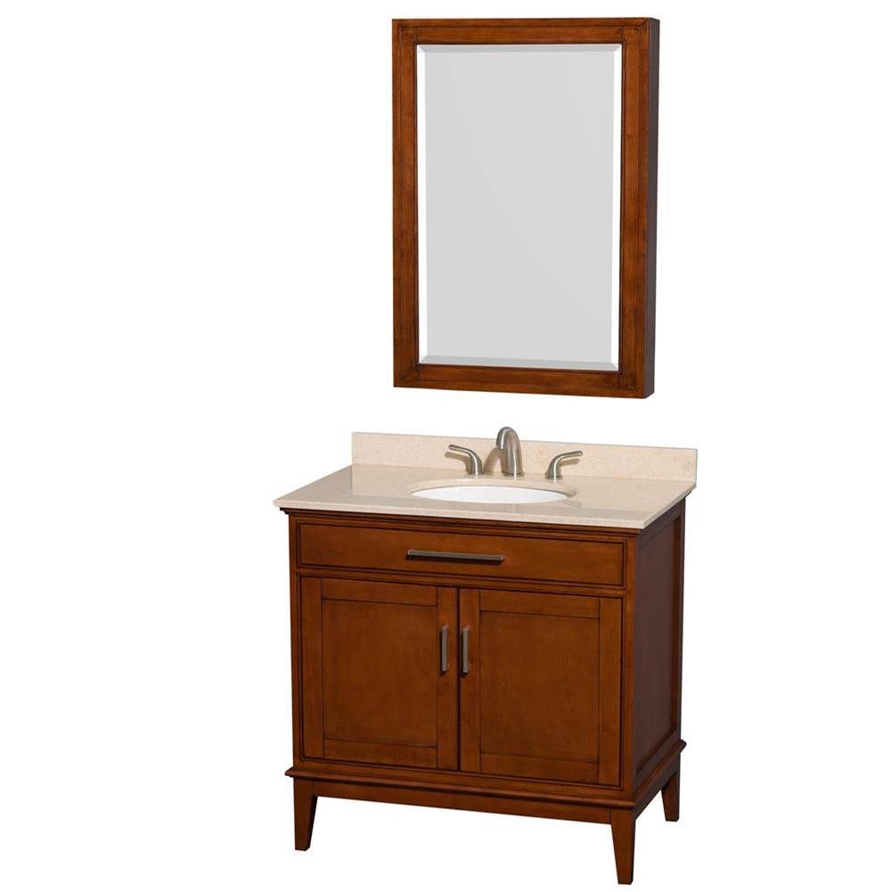 Wyndham Collection Hatton 36 Inch Single Bathroom Vanity in Light Chestnut, Ivory Marble Countertop, Undermount Oval Sink, and Medicine Cabinet