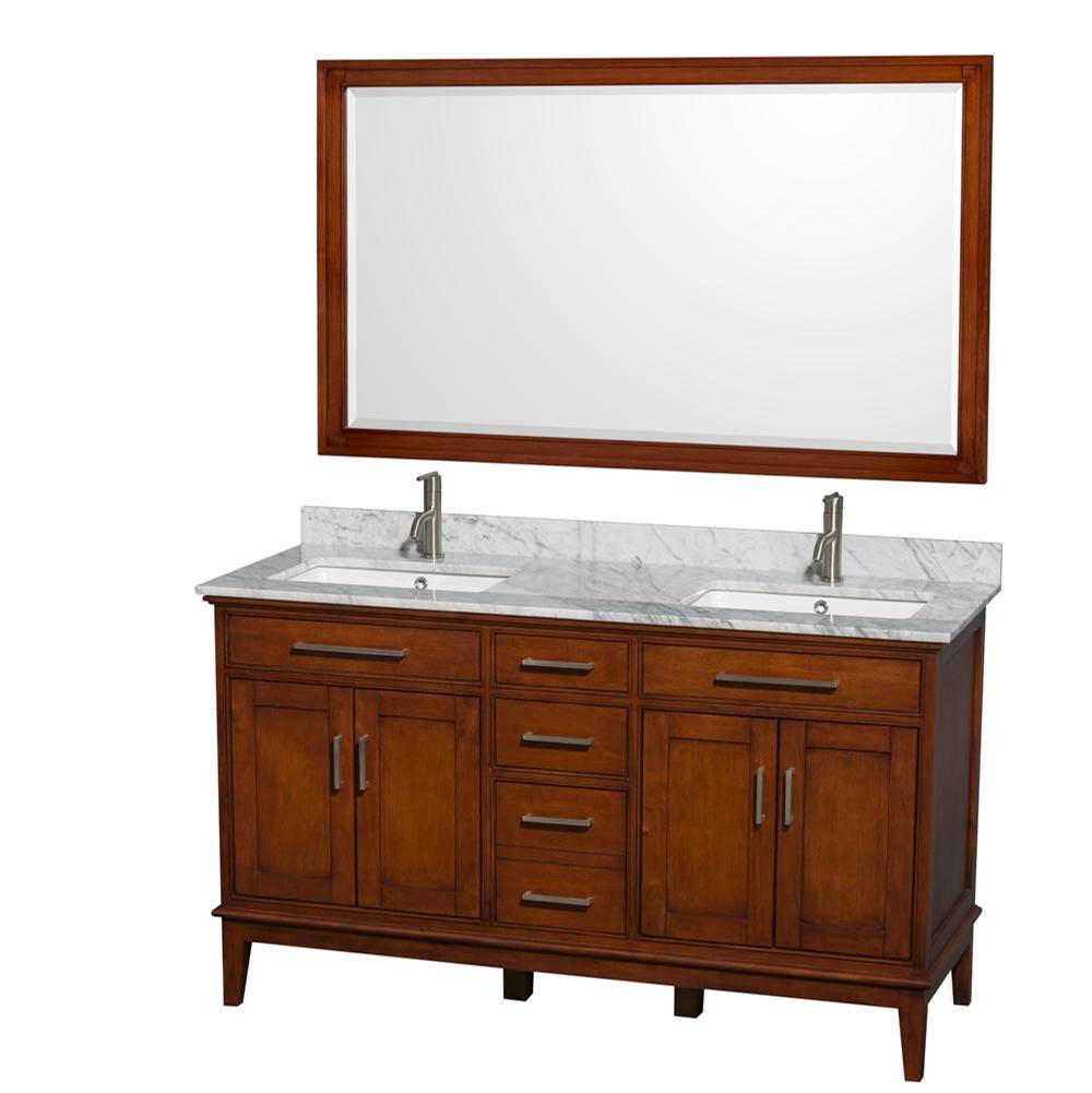 Wyndham Collection Hatton 60 Inch Double Bathroom Vanity in Light Chestnut, White Carrara Marble Countertop, Undermount Square Sinks, and 56 Inch Mirror