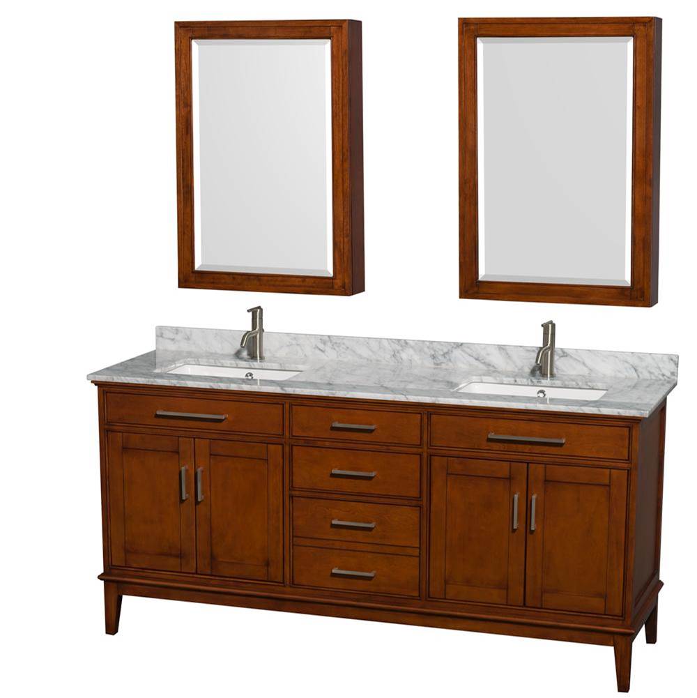 Wyndham Collection Hatton 72 Inch Double Bathroom Vanity in Light Chestnut, White Carrara Marble Countertop, Undermount Square Sinks, and Medicine Cabinets