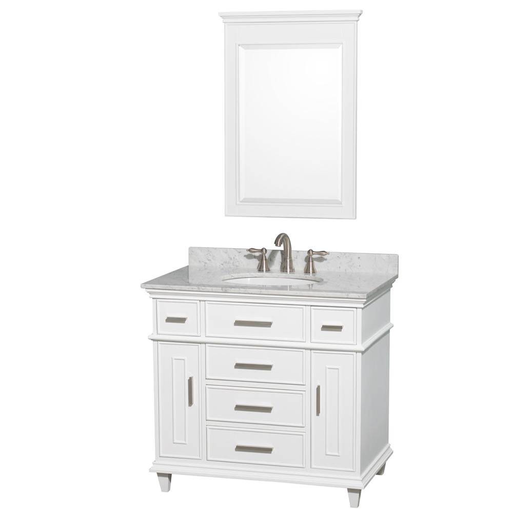 Wyndham Collection Berkeley 36 Inch Single Bathroom Vanity in White with White Carrara Marble Top with White Undermount Oval Sink and 24 Inch Mirror
